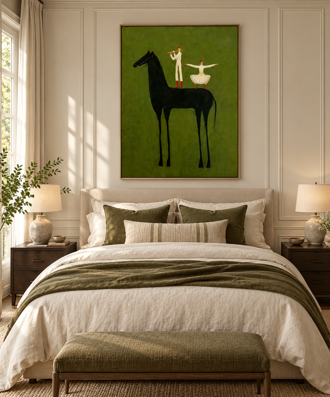 Equoria olive green equestrian wall art above a luxury bedroom