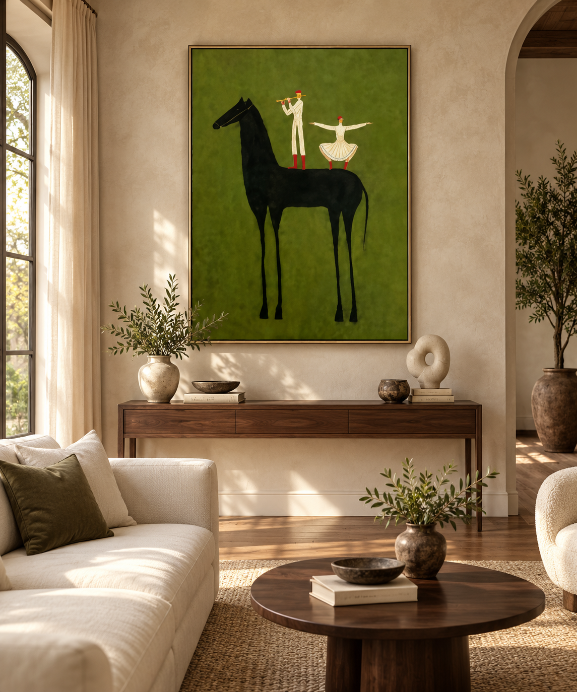 Equoria vintage horse painting in a contemporary living room