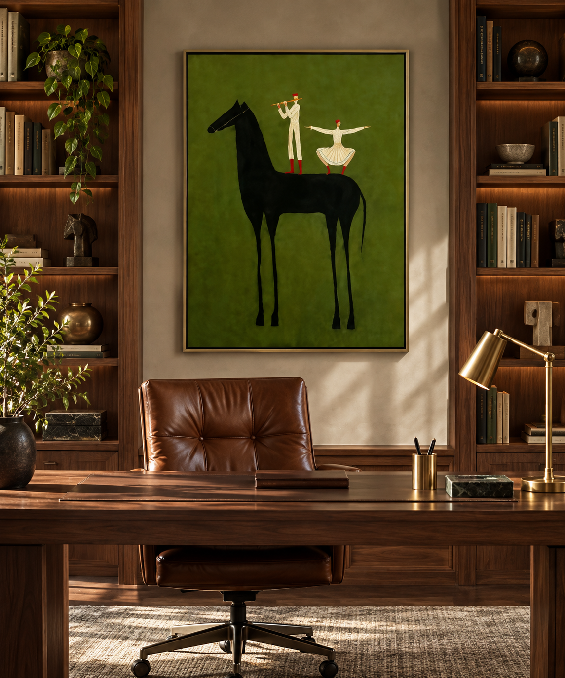 Equoria black horse and riders wall art in a refined home office