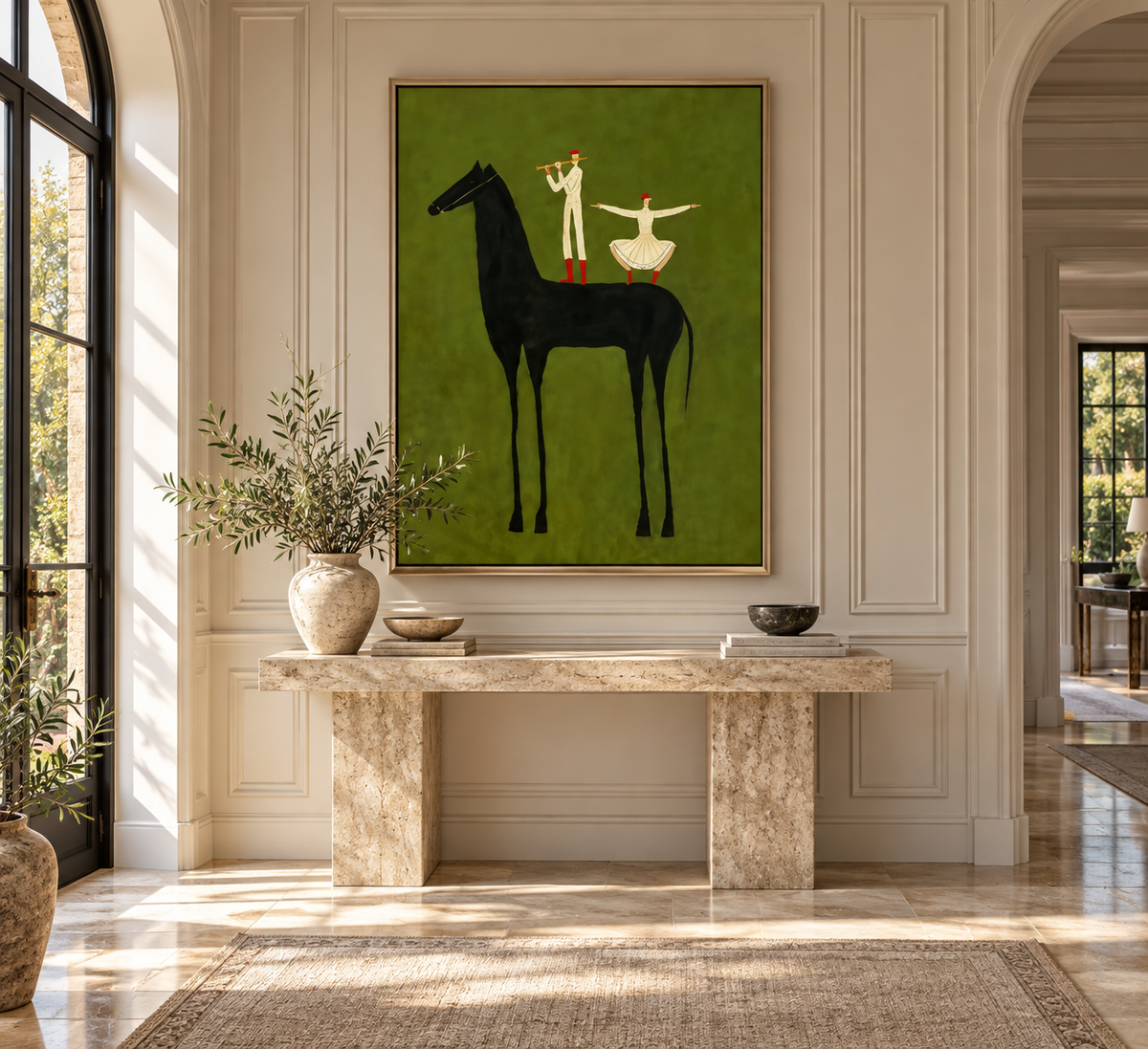 Equoria olive green equestrian wall art in a European entryway