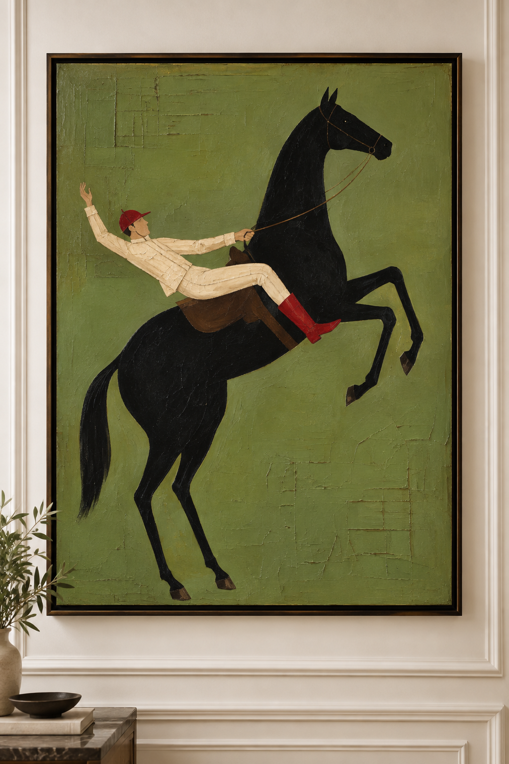 Equus Verdant olive green jockey and black horse textured wall art