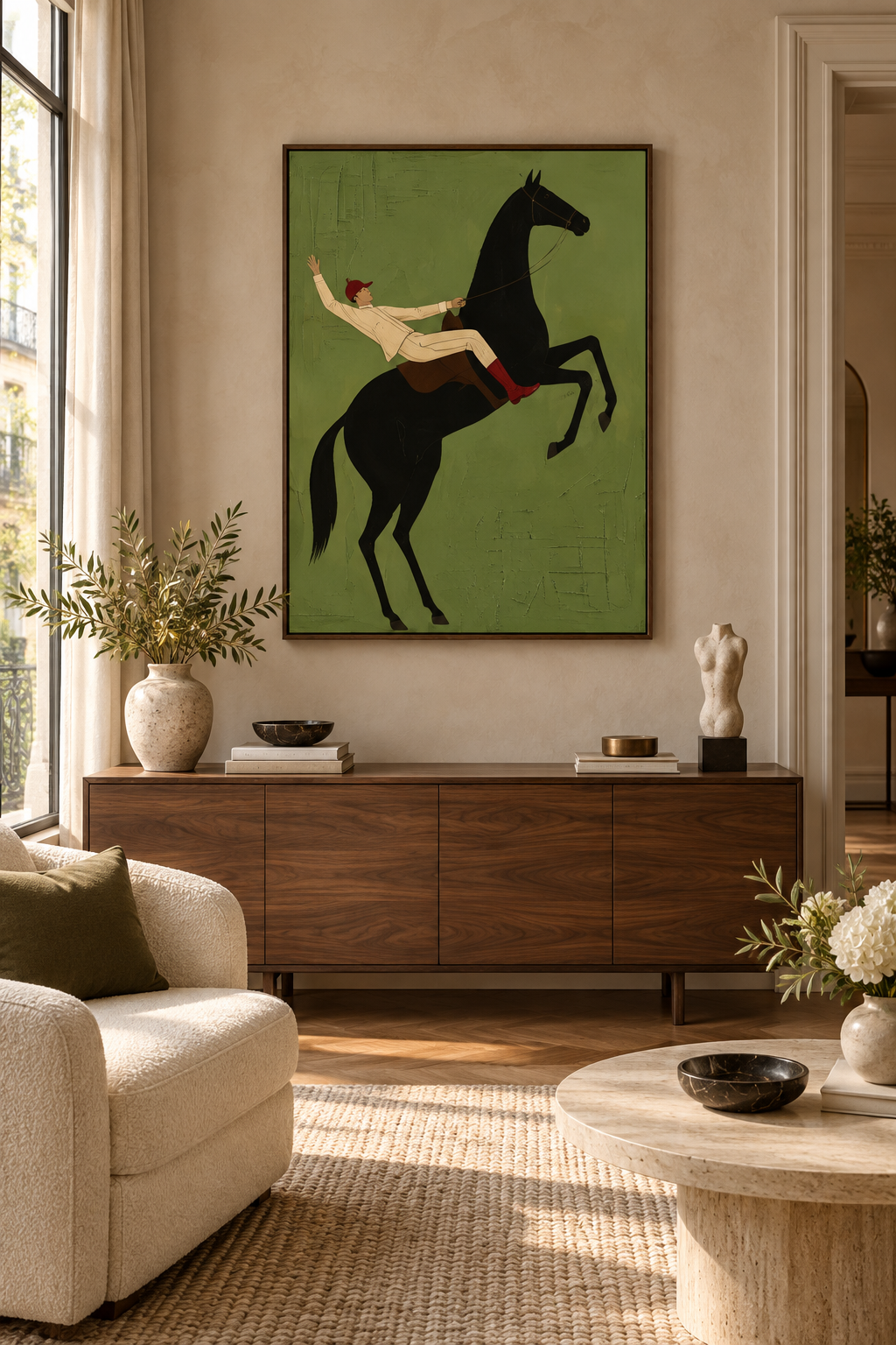Equus Verdant black horse jockey wall art in a contemporary living room