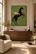 Equus Verdant black horse jockey wall art in a contemporary living room
