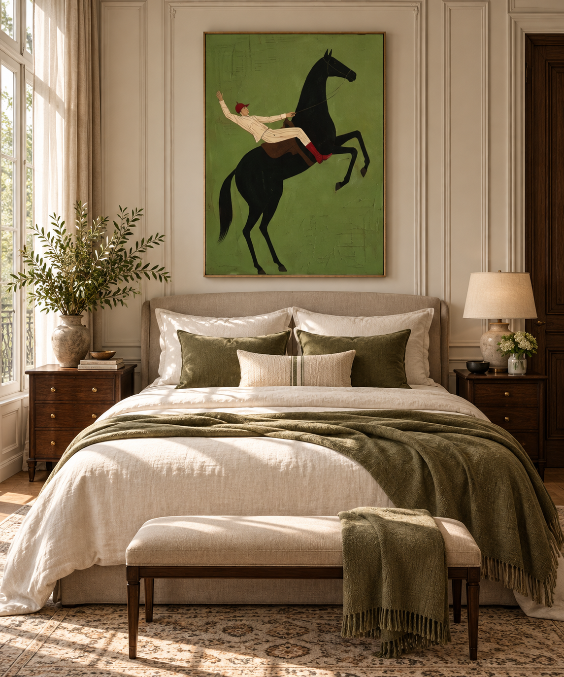 Equus Verdant olive green equestrian wall art above an elegant bedroom