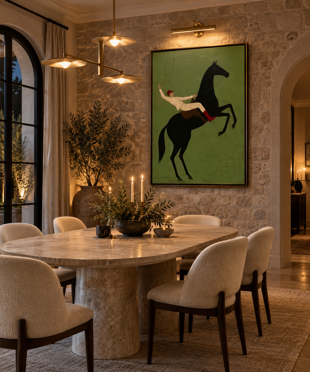 Equus Verdant vintage jockey painting in a refined dining room