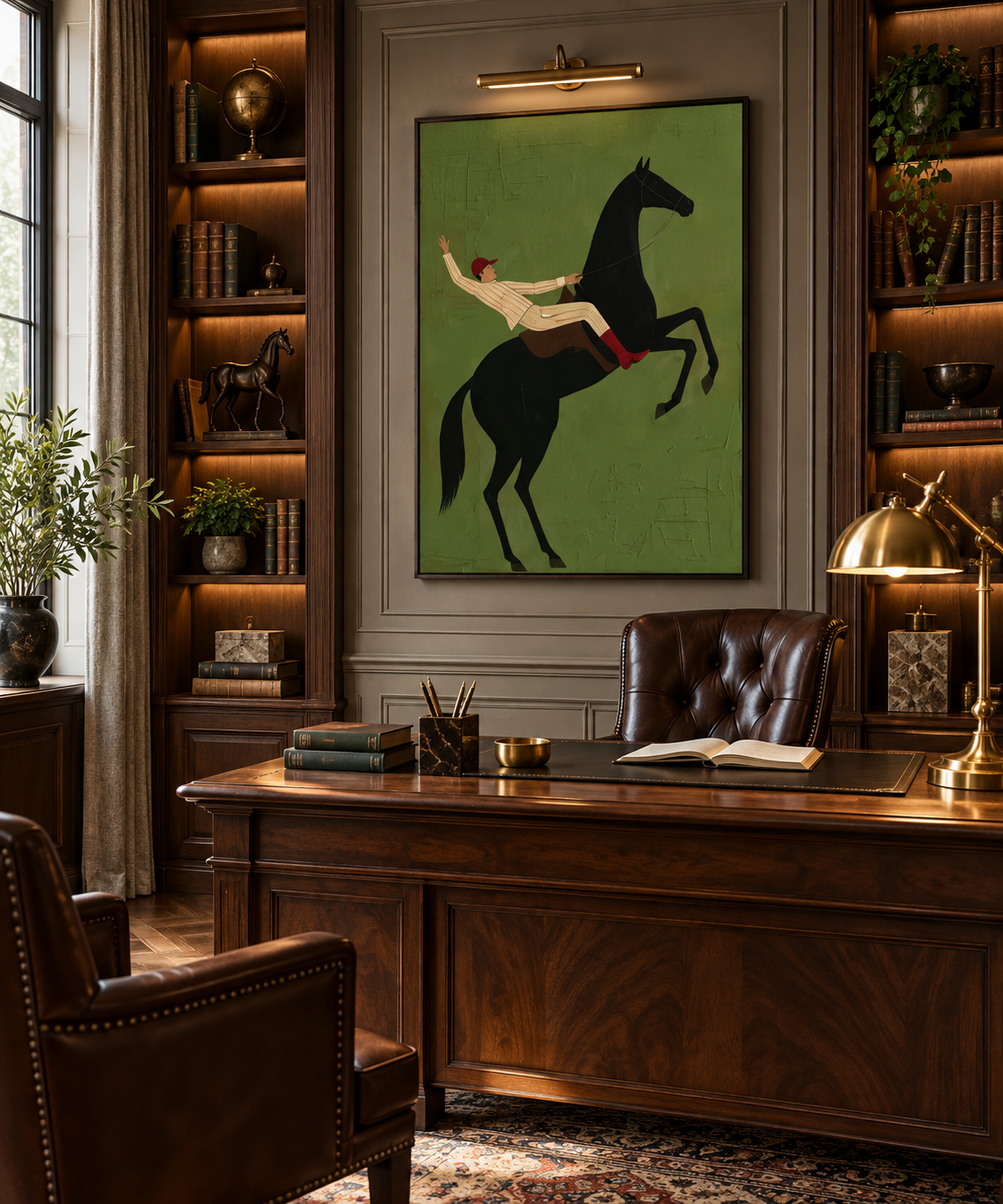 Equus Verdant black horse wall art in a luxury home office library