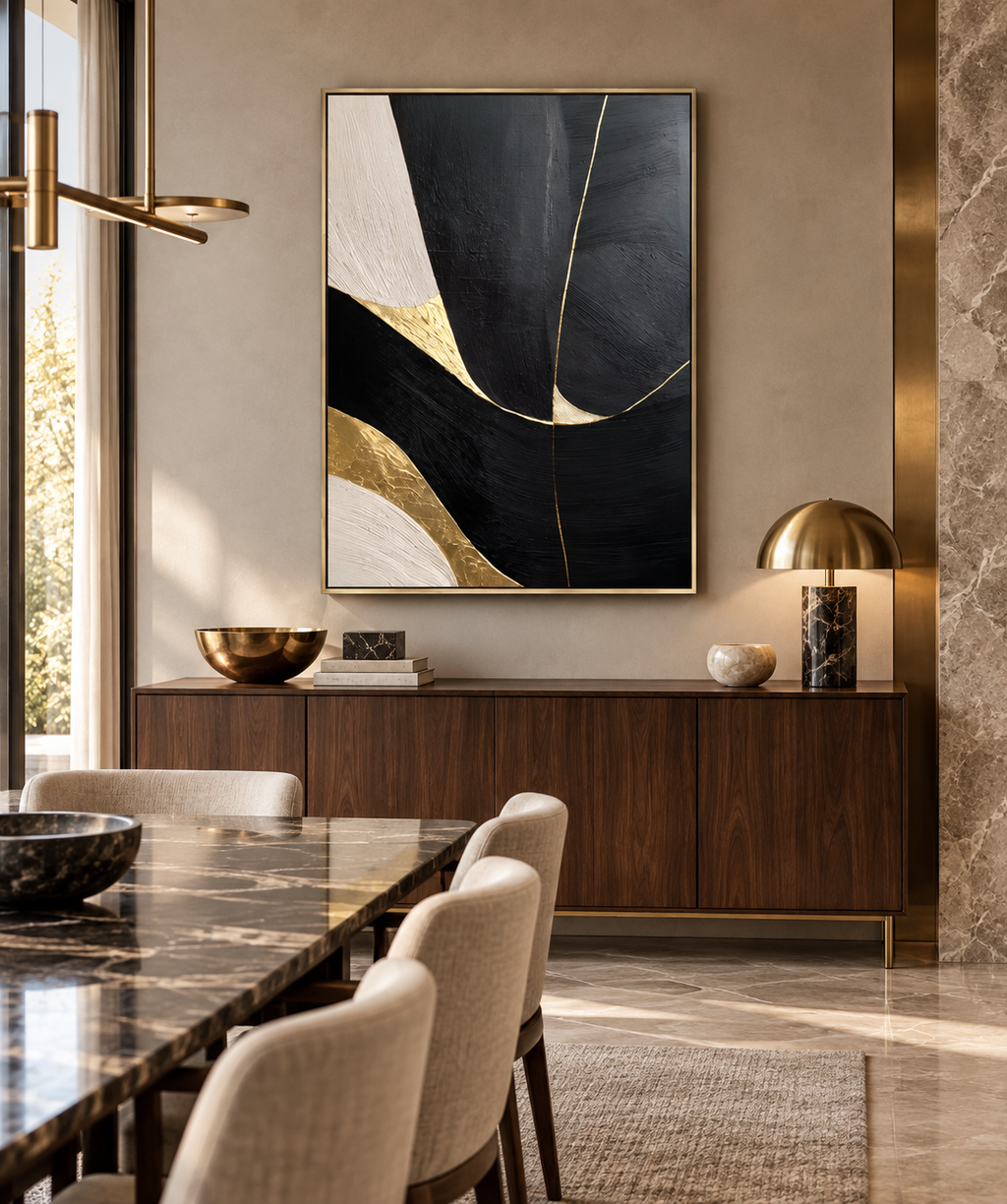 NOCTARA black ivory beige and gold abstract wall art above a dark walnut home office desk