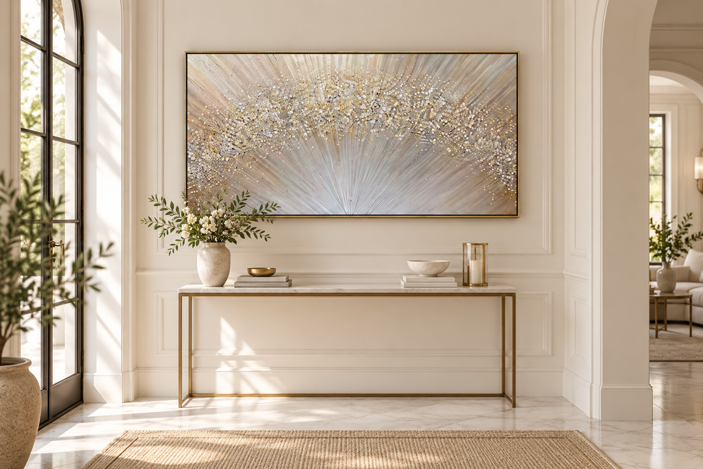 CELESTIA champagne silver and gold abstract wall art in a bright European entryway