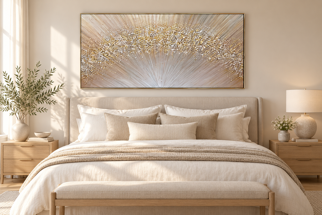 CELESTIA champagne silver and gold abstract wall art above a refined bedroom