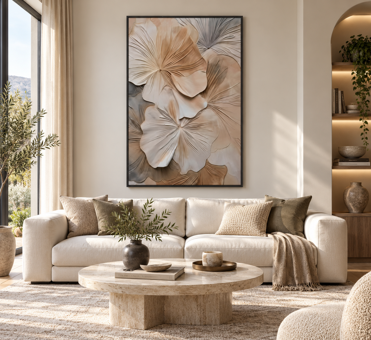 FLOREA sculptural floral relief wall art above a cream sofa in a contemporary living room