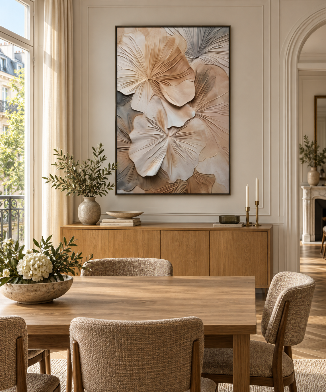 FLOREA sculptural floral relief wall art above a warm oak sideboard in an elegant dining room