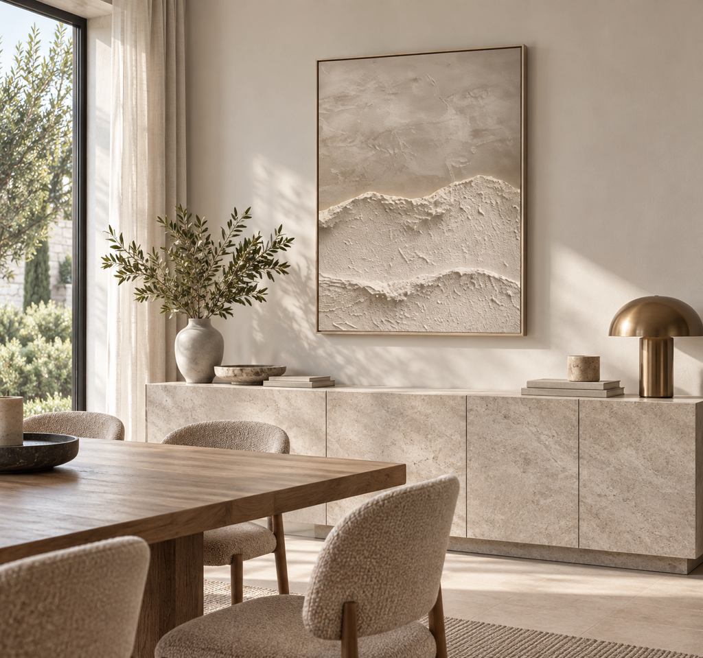 MAREA beige textured abstract wave wall art in a modern European dining room