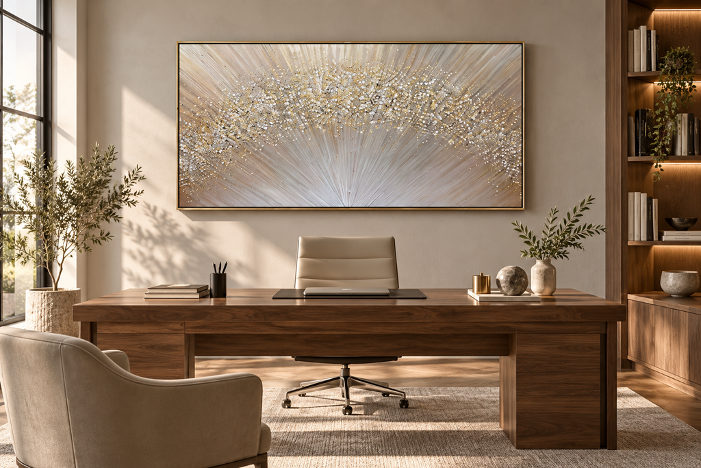 CELESTIA champagne silver and gold abstract wall art above a walnut home office desk