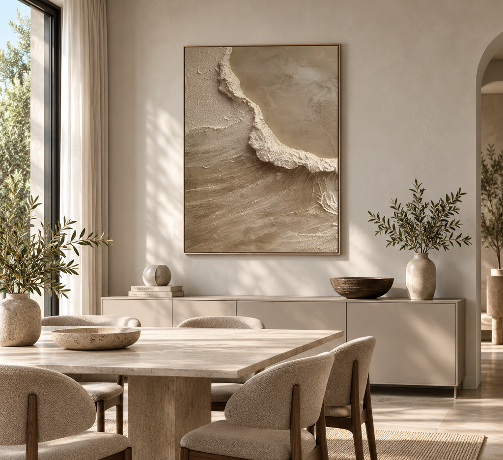AURELIA beige textured abstract wall art in a contemporary European dining room