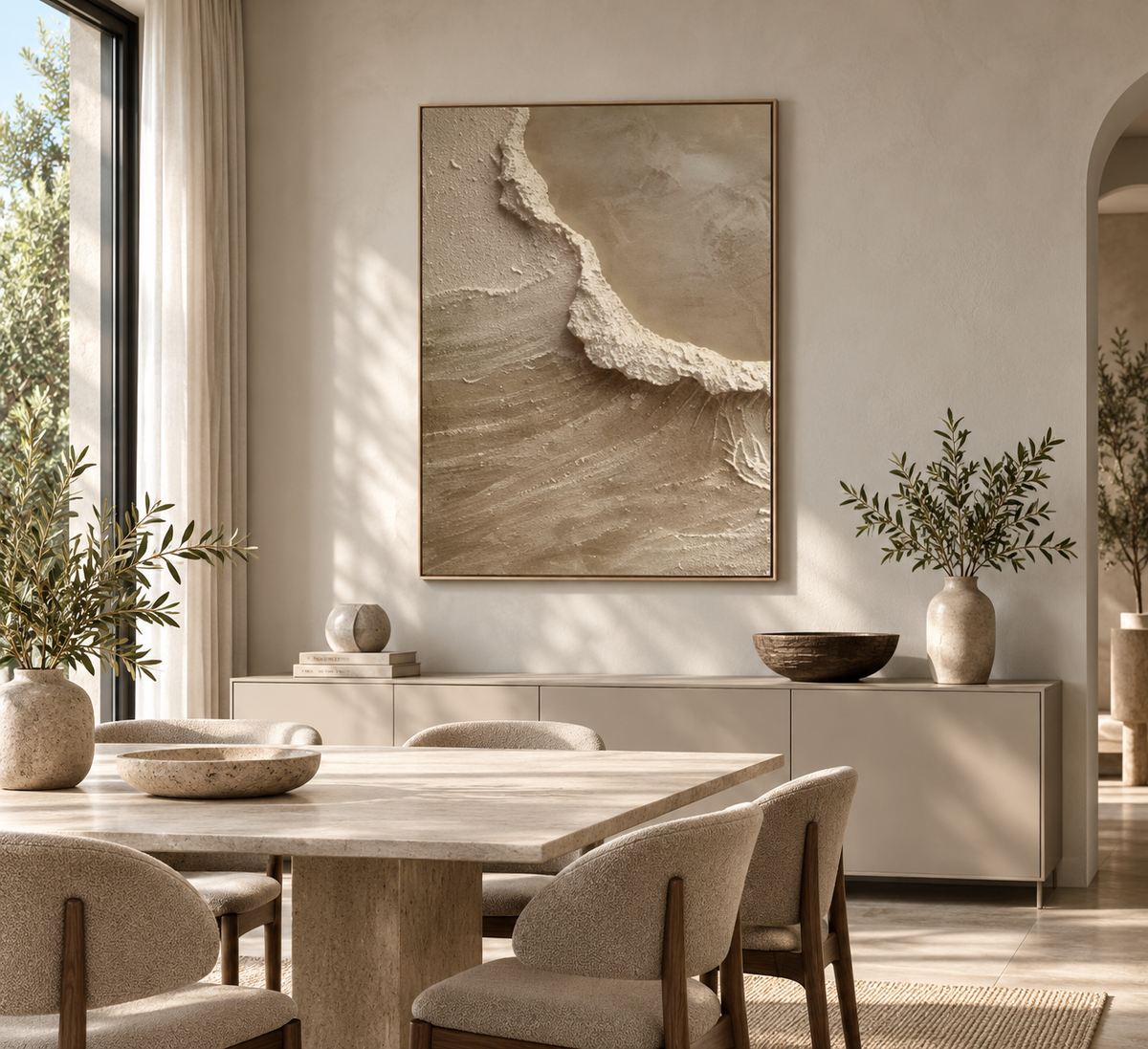 AURELIA beige textured abstract wall art in a contemporary European dining room