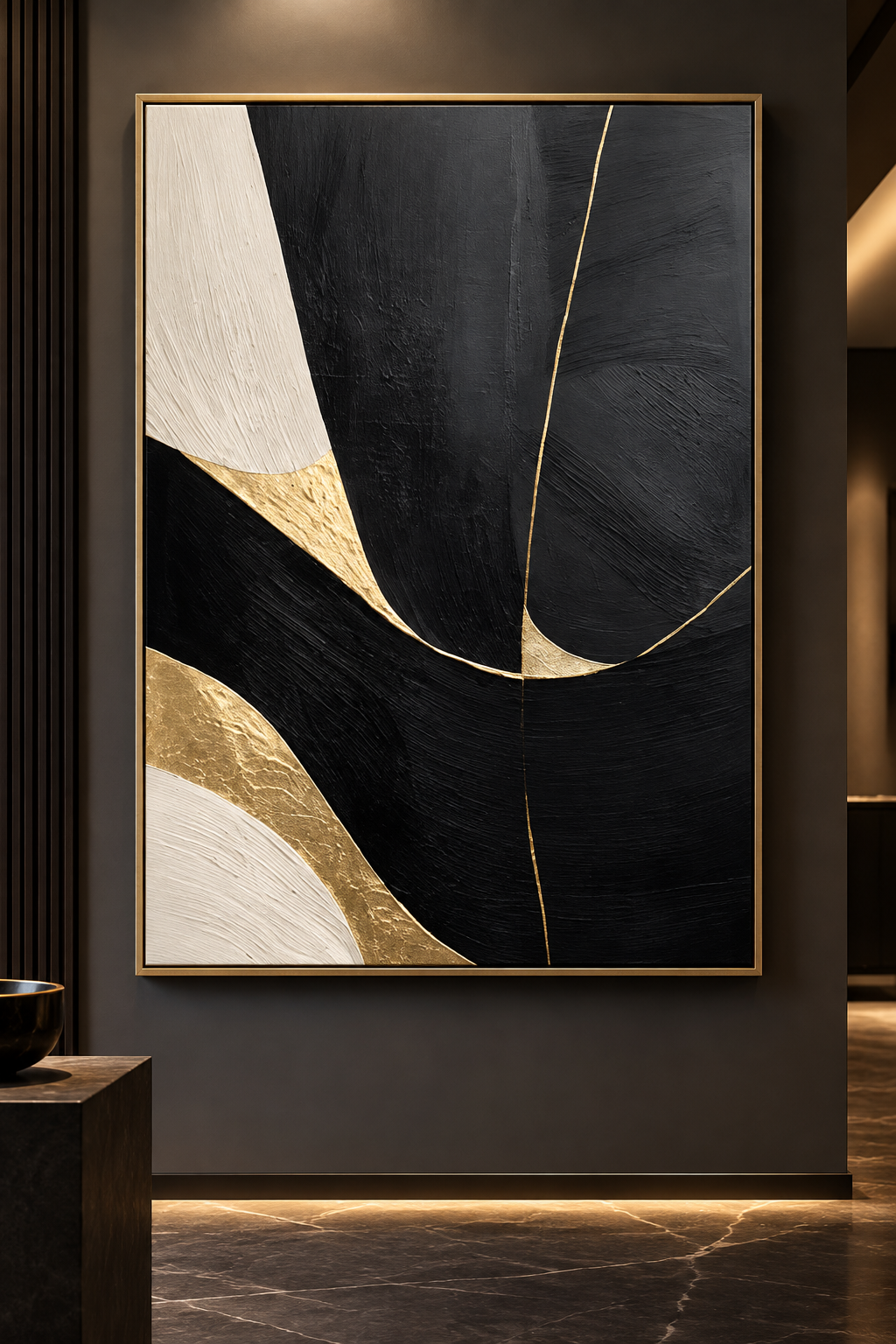 NOCTARA black ivory beige and gold organic textured abstract wall art close-up