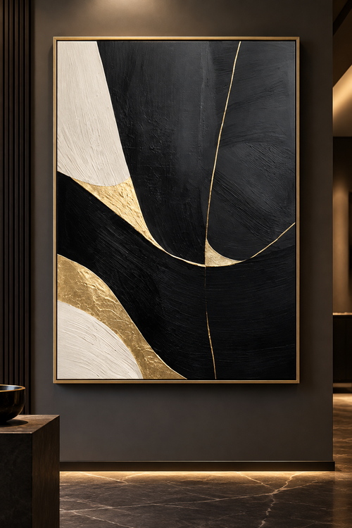NOCTARA black ivory beige and gold organic textured abstract wall art close-up