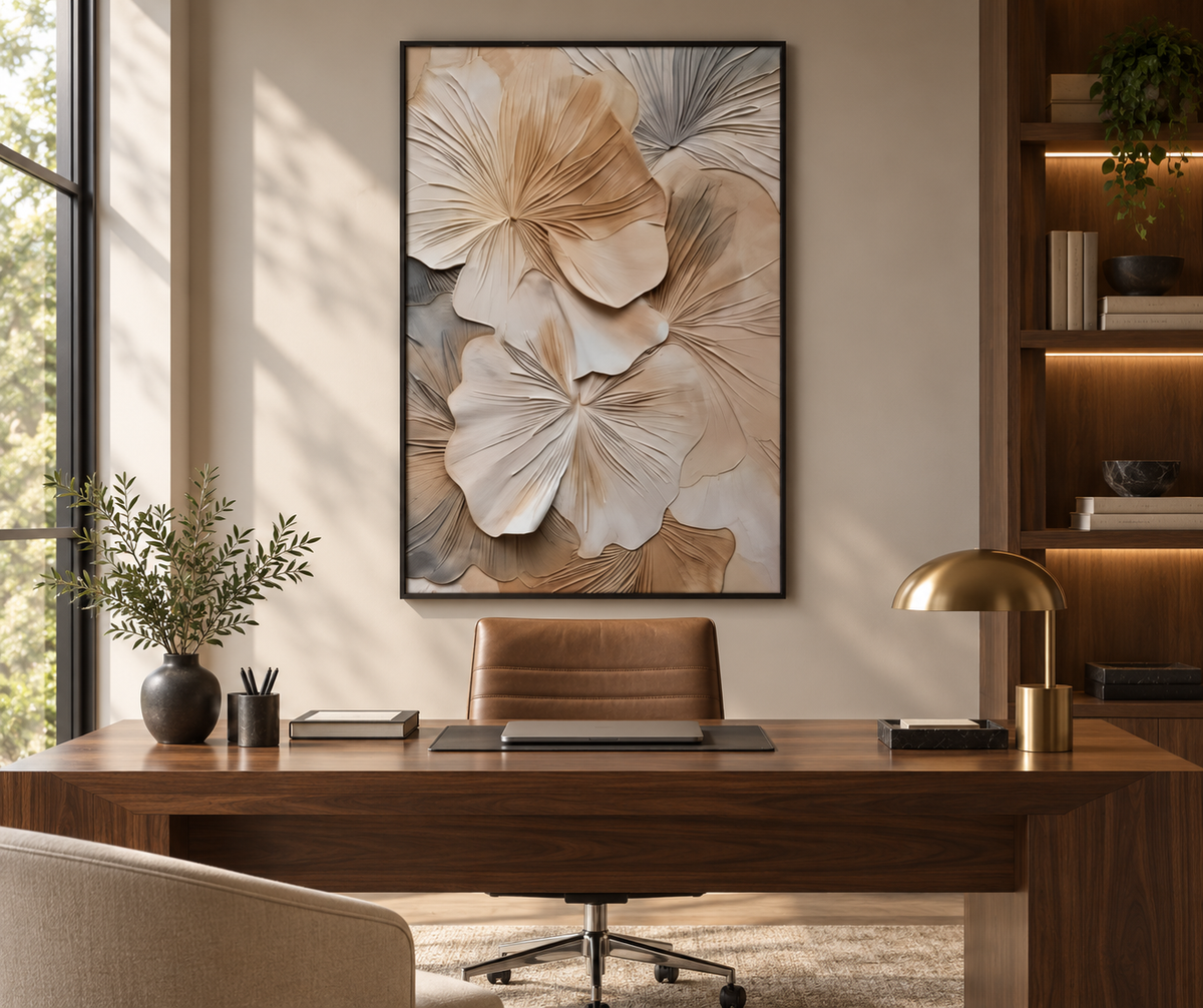 FLOREA sculptural floral relief wall art above a walnut home office desk