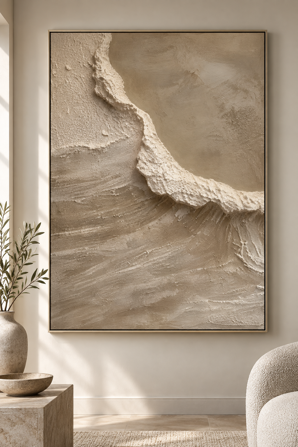 AURELIA beige and taupe textured abstract wall art with raised diagonal ridge, close-up
