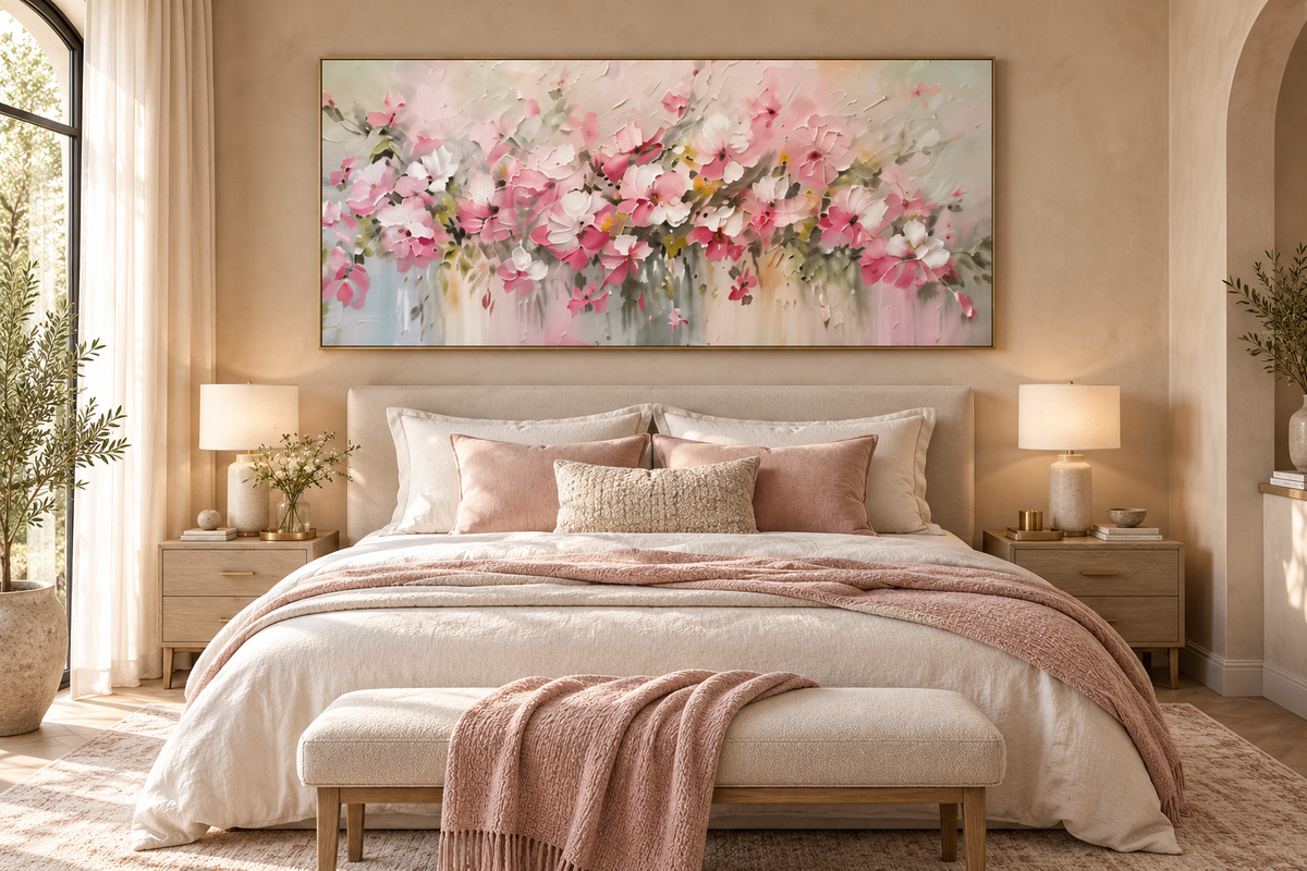 ROSÉA pink floral wall art above an elegant upholstered bed