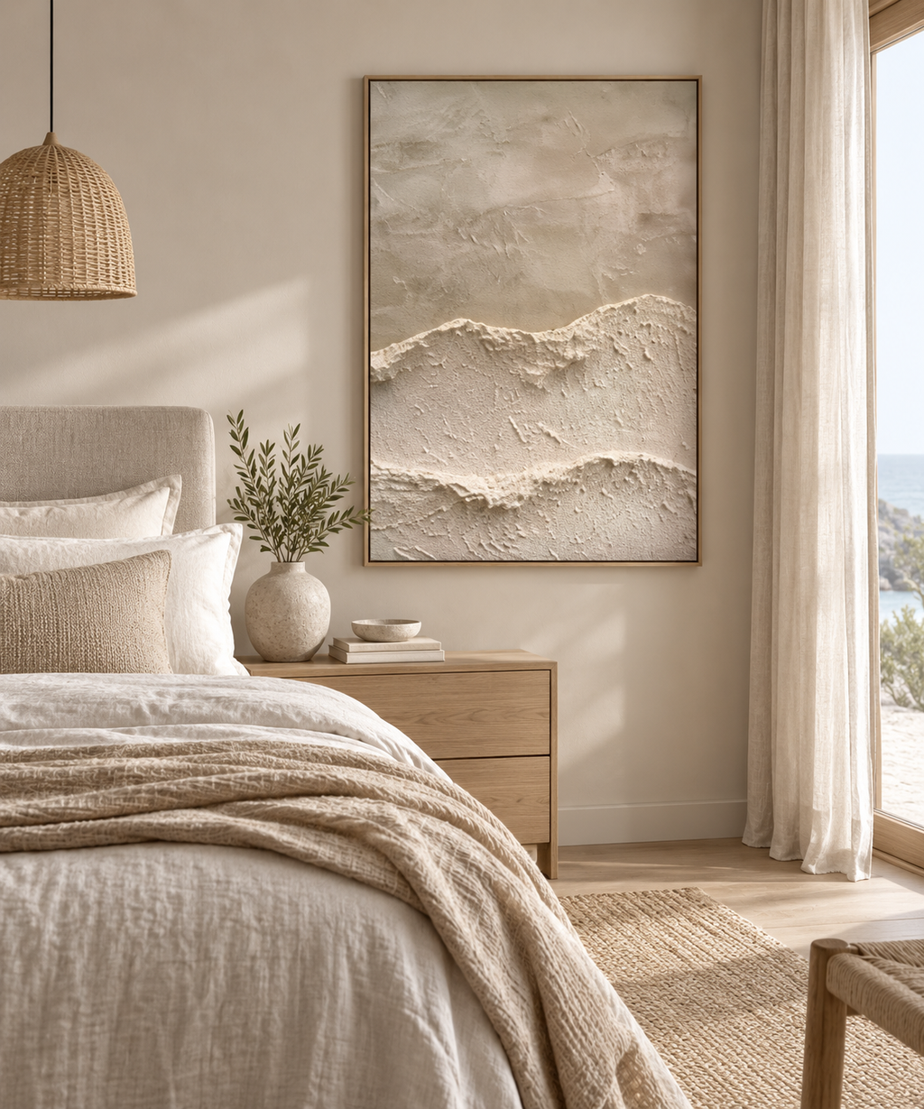 MAREA beige textured abstract wave wall art in an elegant European bedroom