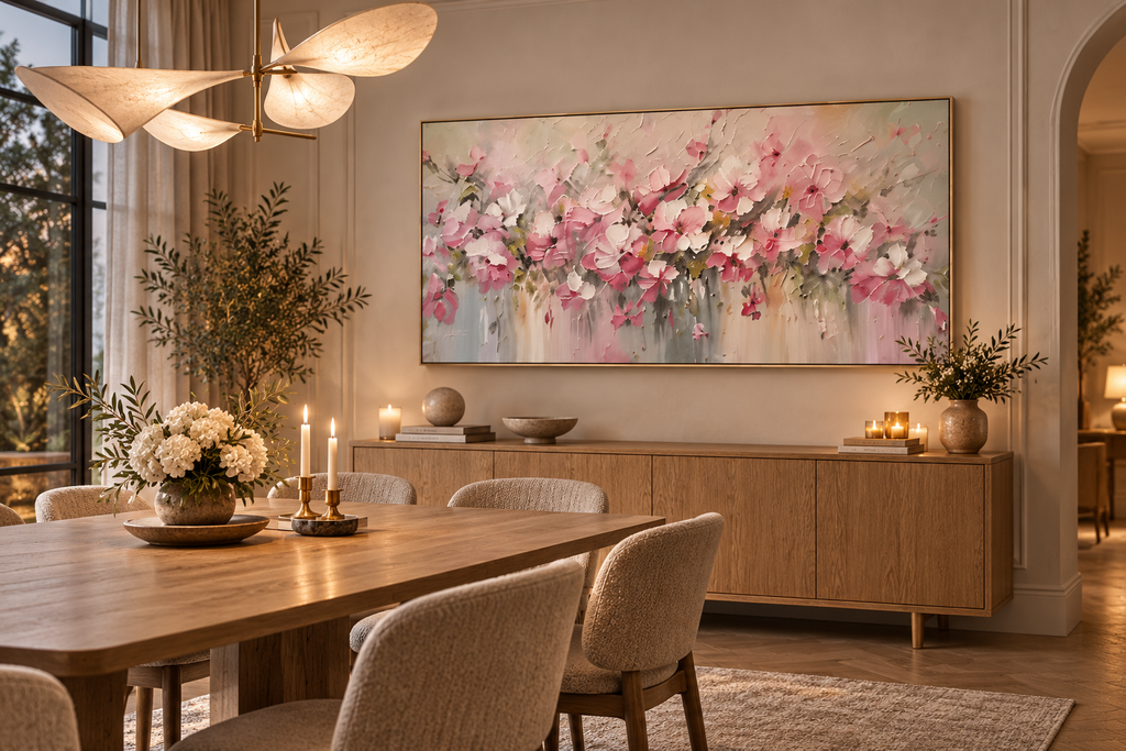 ROSÉA abstract floral wall art in a modern European dining room