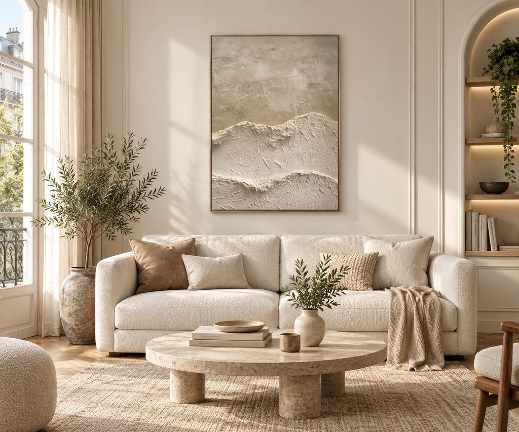 MAREA beige textured abstract wave wall art above a cream sofa in a contemporary living room