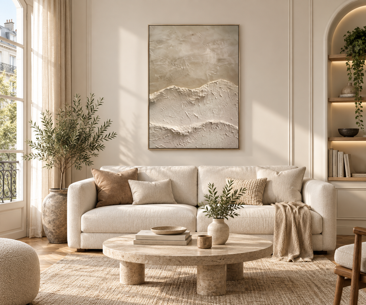 MAREA beige textured abstract wave wall art above a cream sofa in a contemporary living room