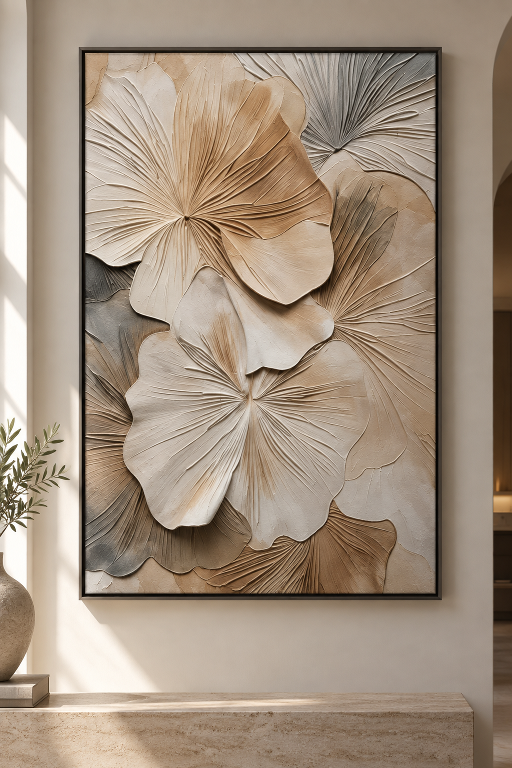 FLOREA ivory beige taupe and khaki sculptural floral relief wall art close-up
