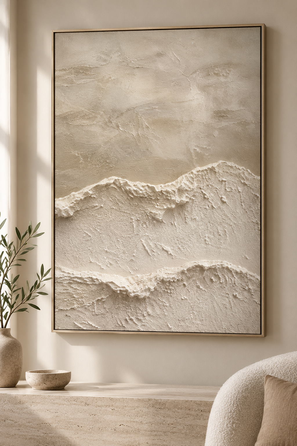 MAREA beige textured abstract seascape wall art with layered wave relief, close-up