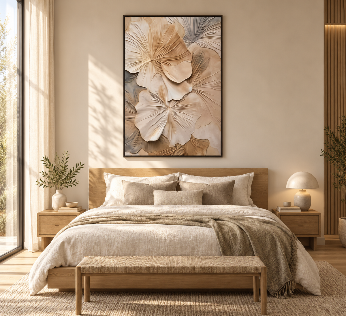 FLOREA sculptural floral relief wall art above a light oak bed in a premium bedroom