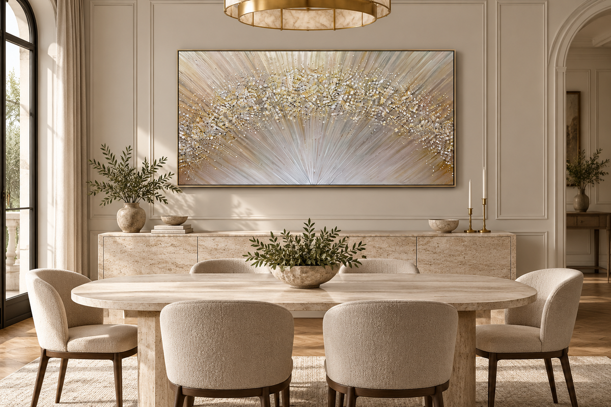 CELESTIA champagne silver and gold abstract wall art in an elegant European dining room