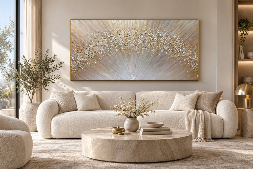 CELESTIA champagne silver and gold abstract wall art above a cream sofa in a contemporary living room