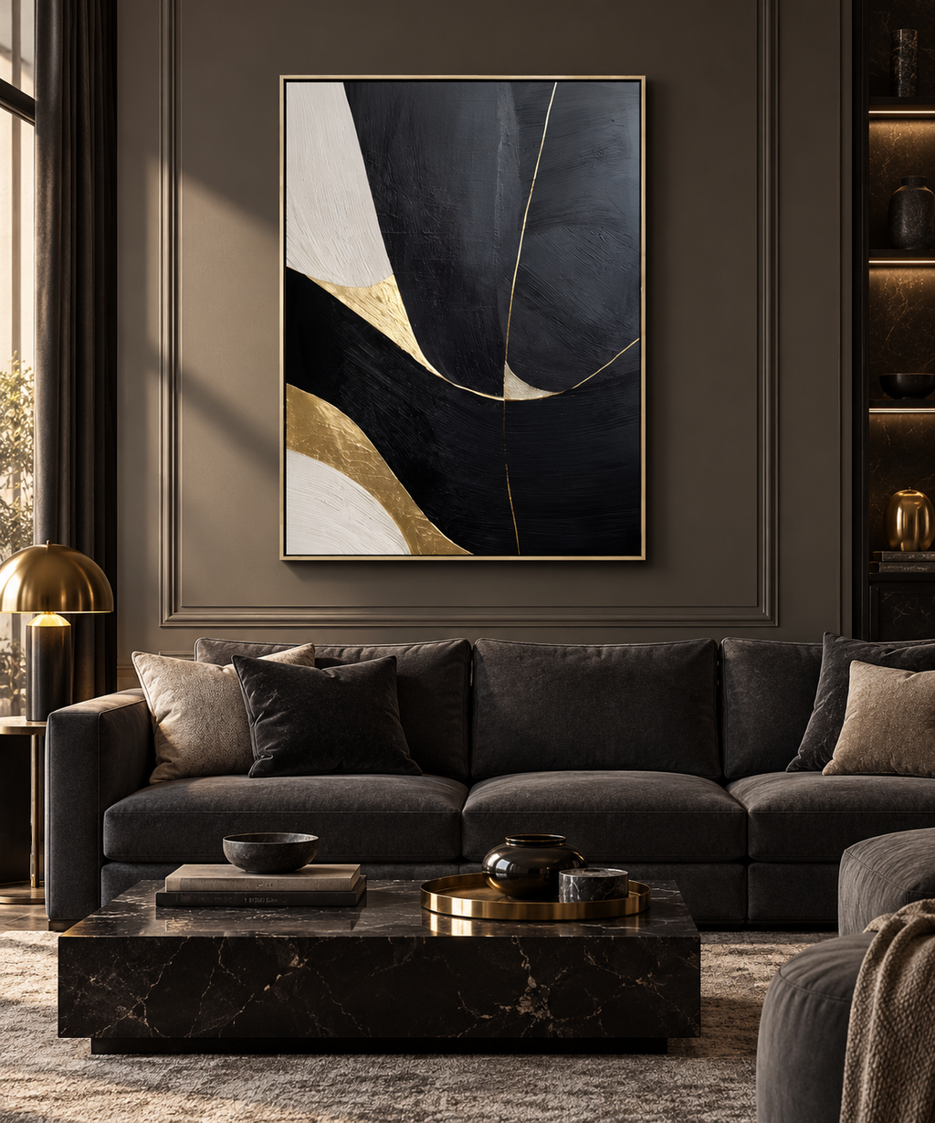 NOCTARA black ivory beige and gold abstract wall art above a charcoal sofa in a contemporary living room