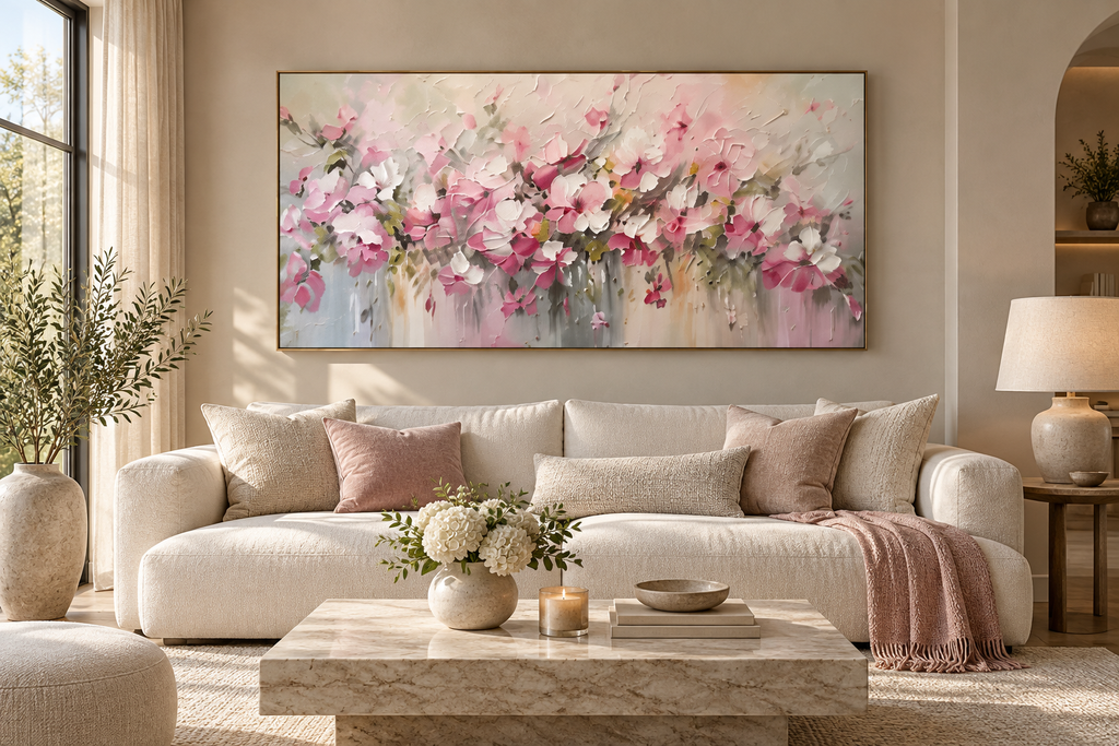ROSÉA pink and neutral textured floral wall art in a refined living room