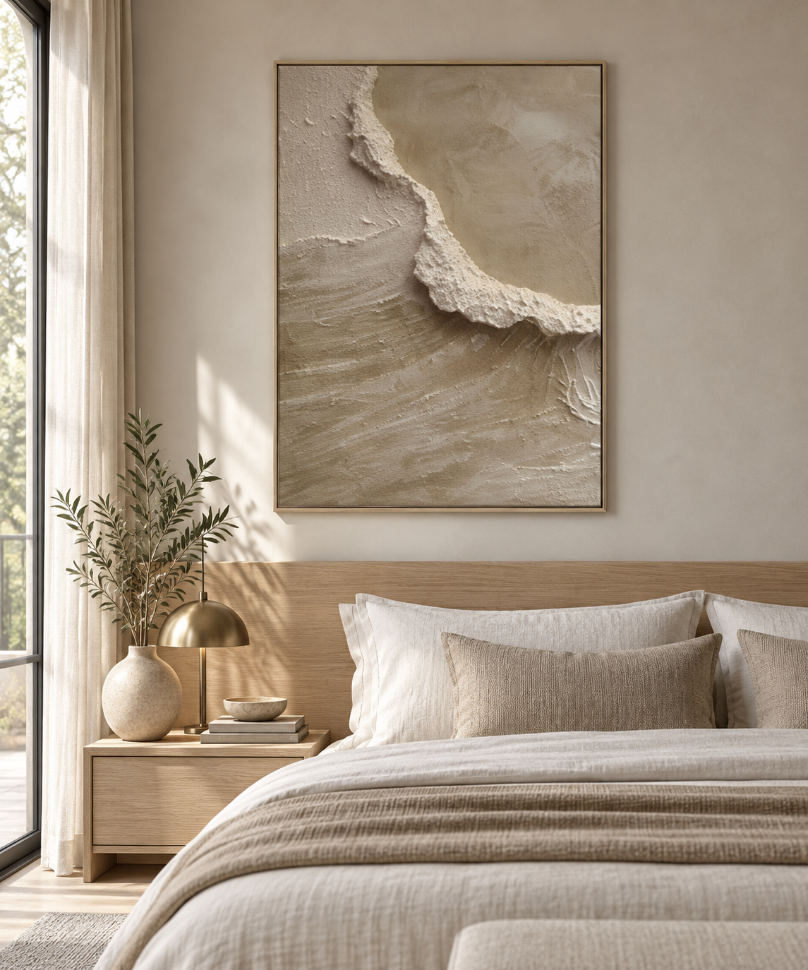 AURELIA beige textured abstract wall art in an elegant natural bedroom