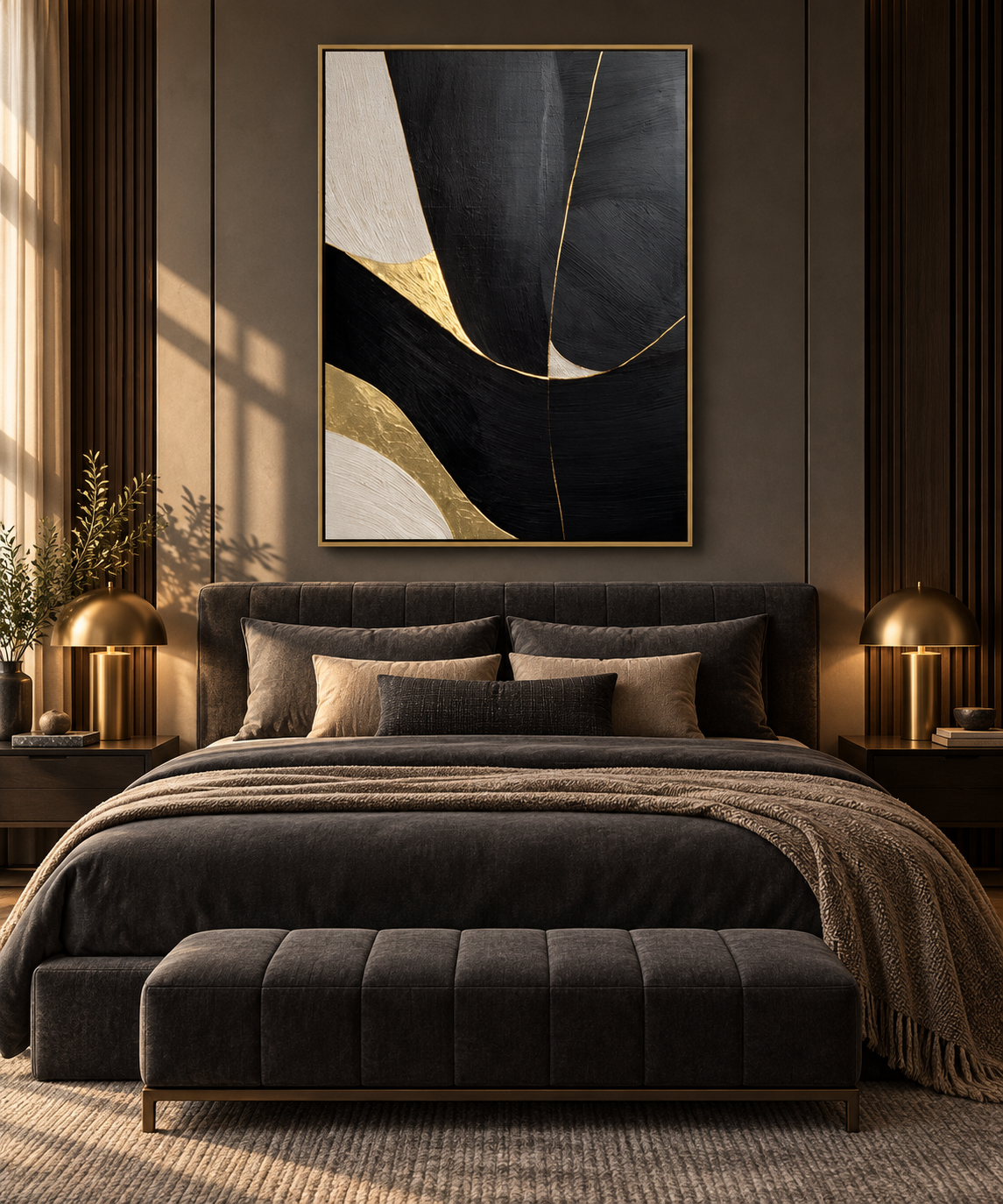NOCTARA black ivory beige and gold abstract wall art above a dark walnut sideboard in an elegant dining room