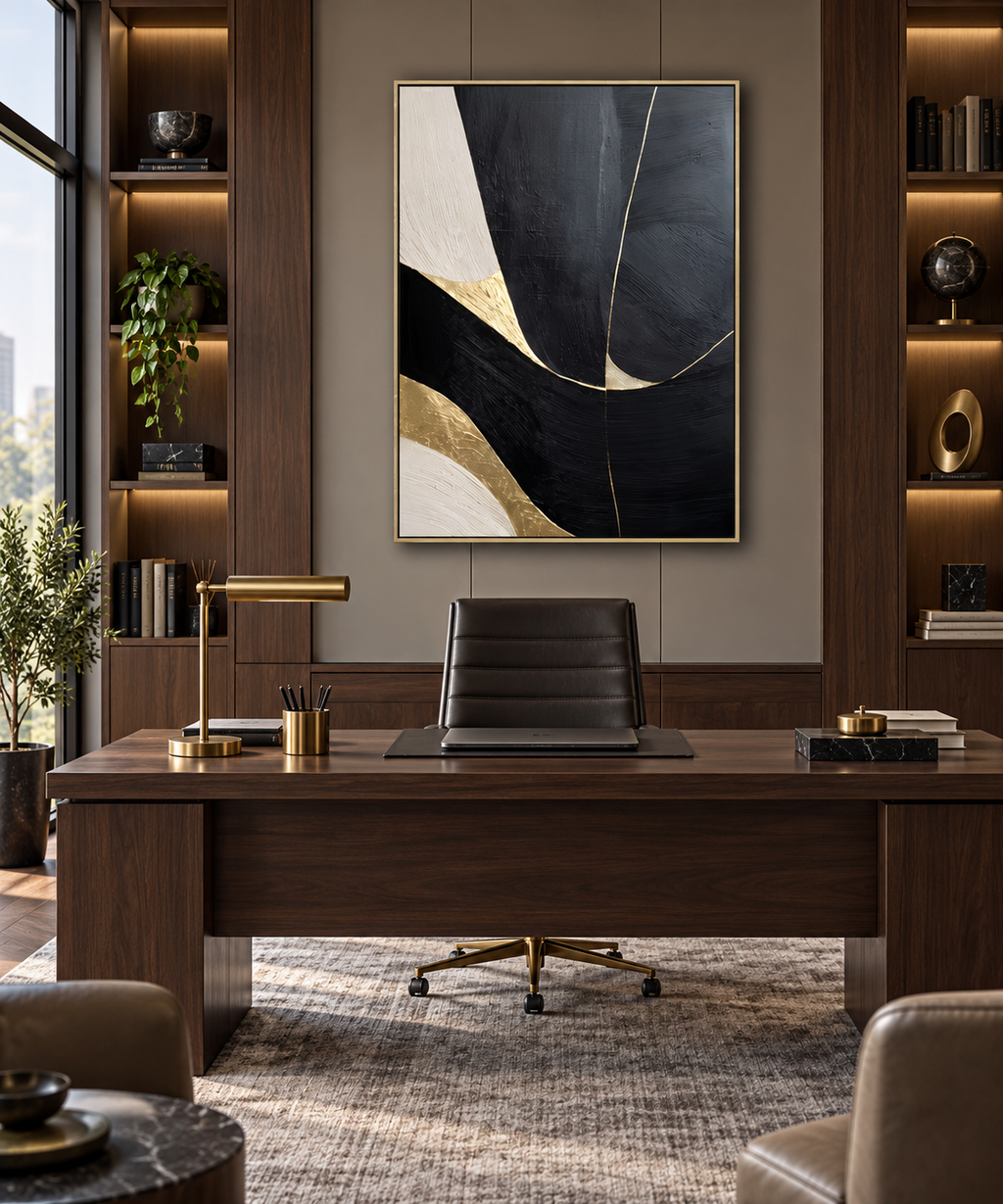 NOCTARA black ivory beige and gold abstract wall art above a charcoal bed in a luxury bedroom
