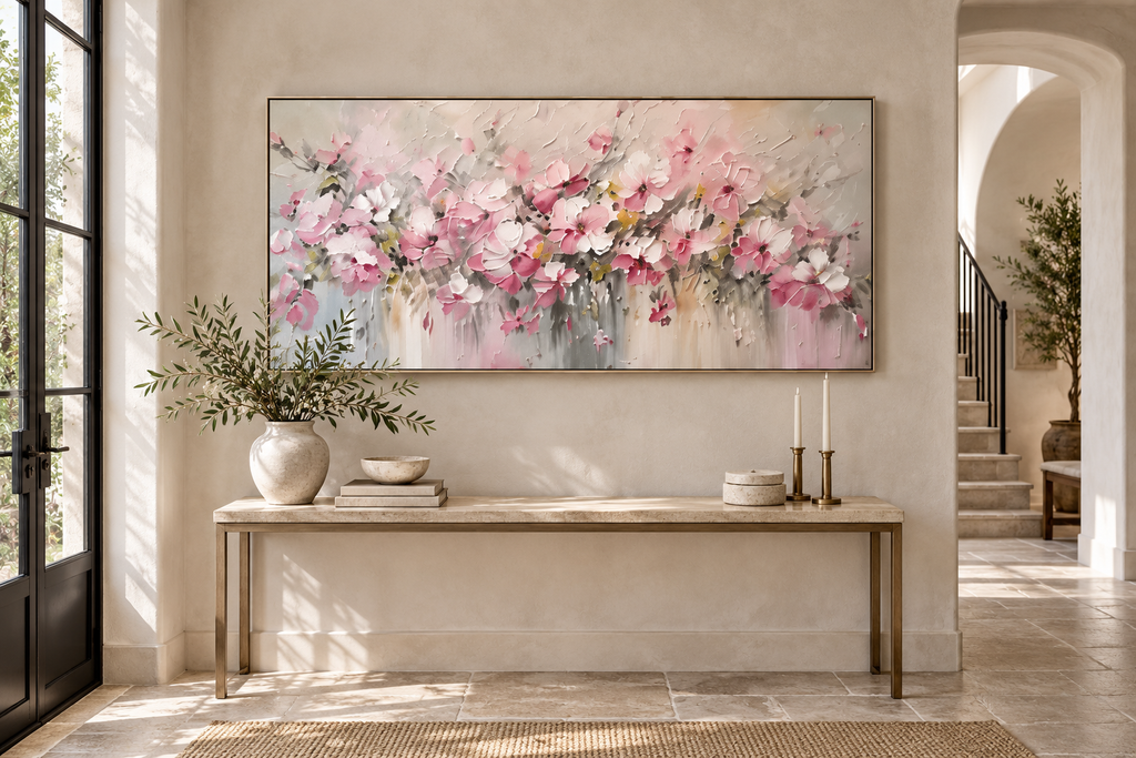 ROSÉA floral wall art in a contemporary European entryway