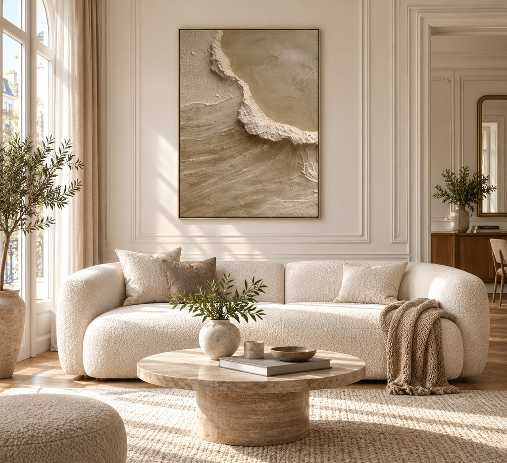 AURELIA beige textured abstract wall art above a cream sofa in a contemporary living room