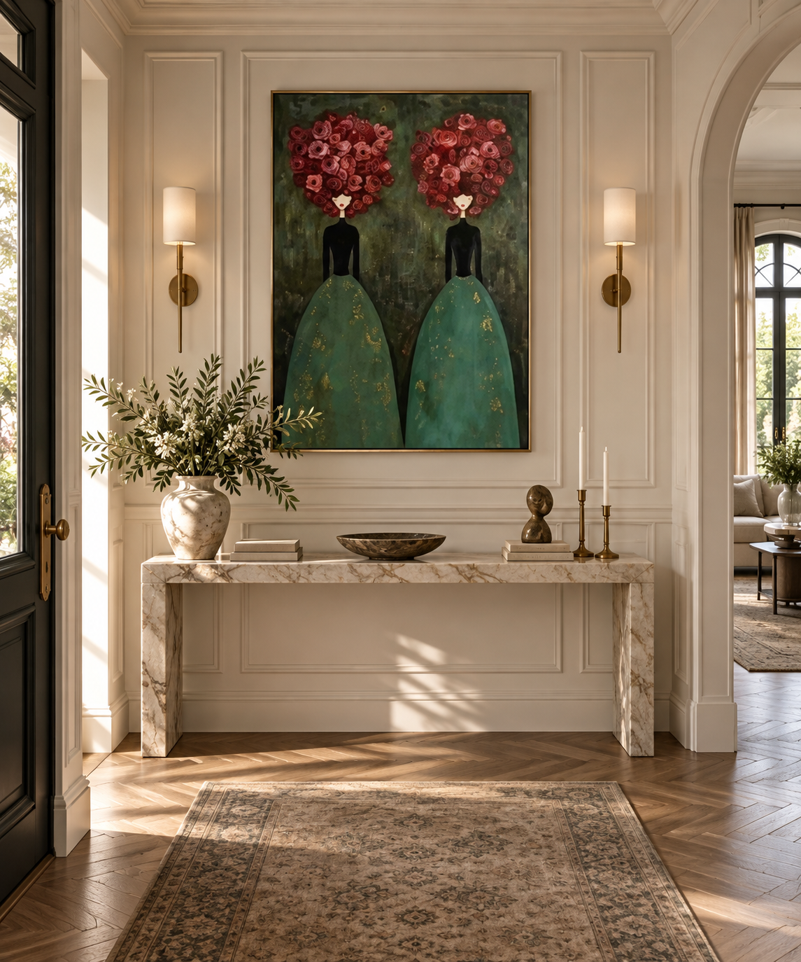 FLEURÉA emerald green floral women wall art in an elegant entryway