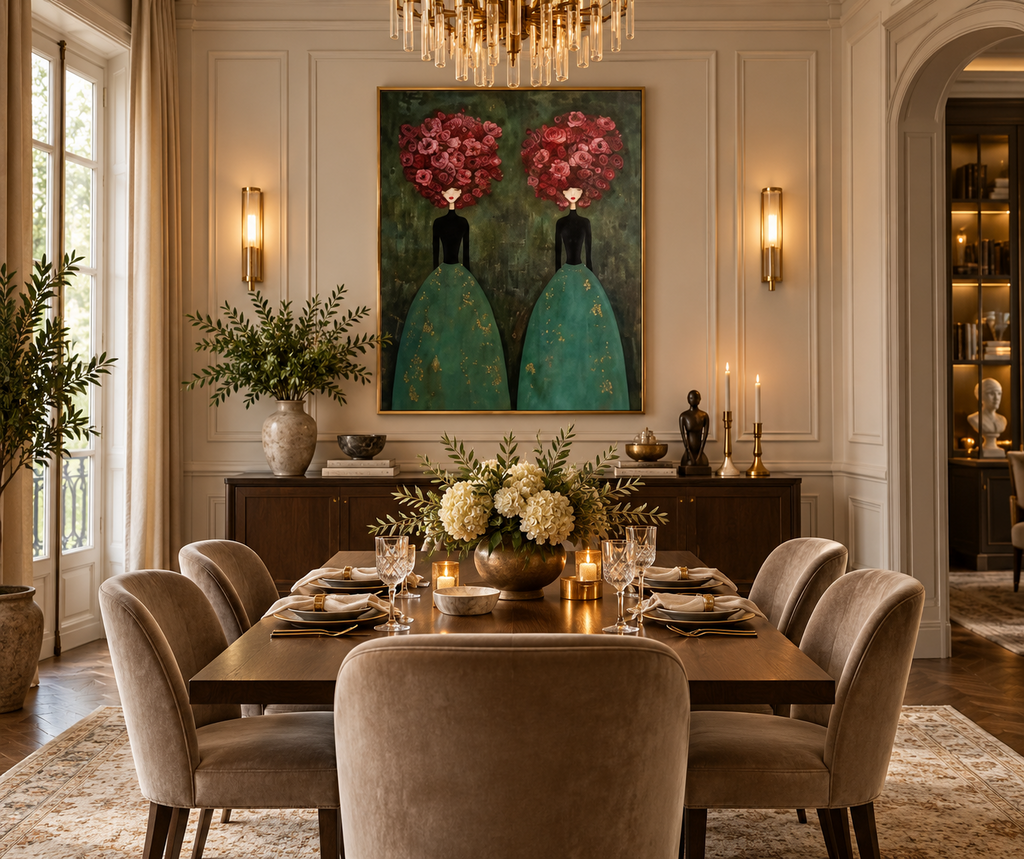 FLEURÉA emerald green floral women wall art in a luxury dining room