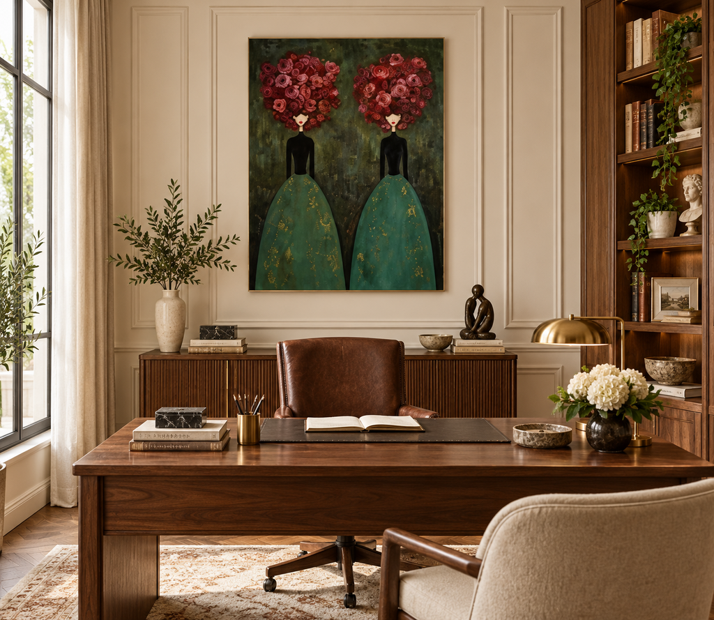 FLEURÉA emerald green floral women wall art in an elegant home office