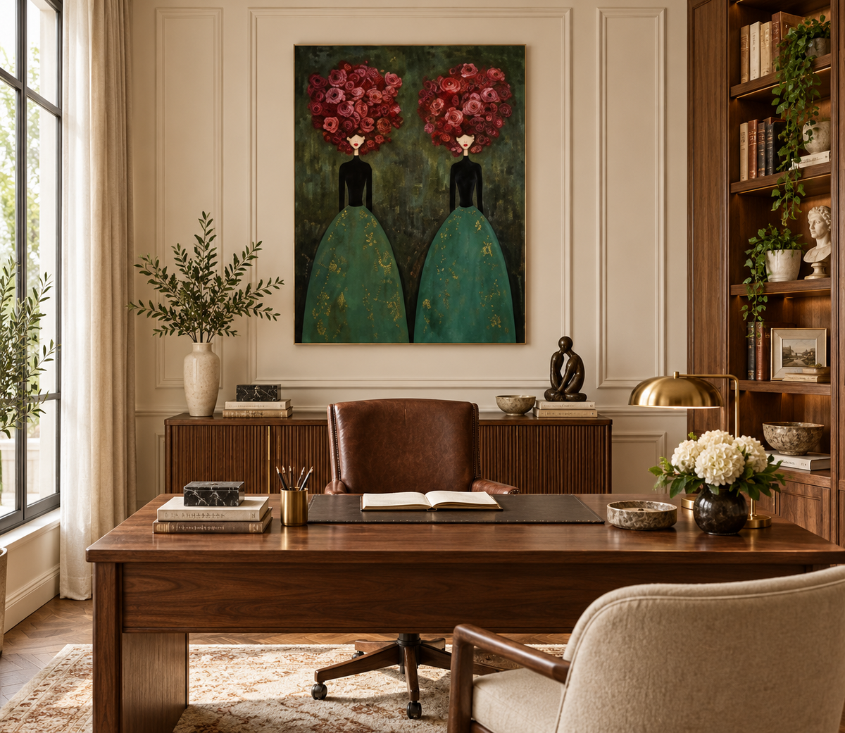 FLEURÉA emerald green floral women wall art in an elegant home office