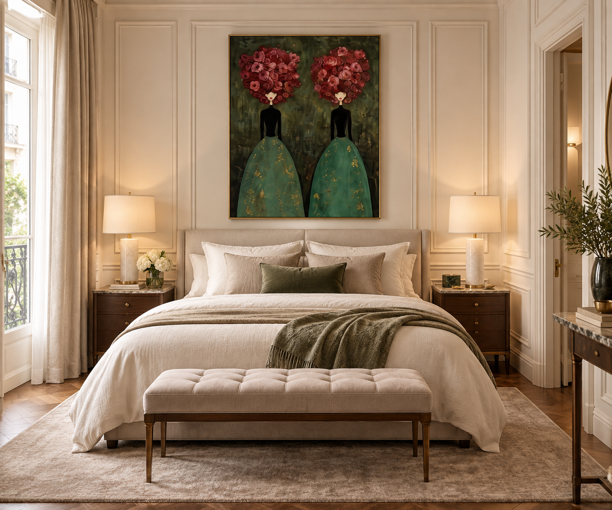 FLEURÉA emerald green floral women wall art above a refined bed