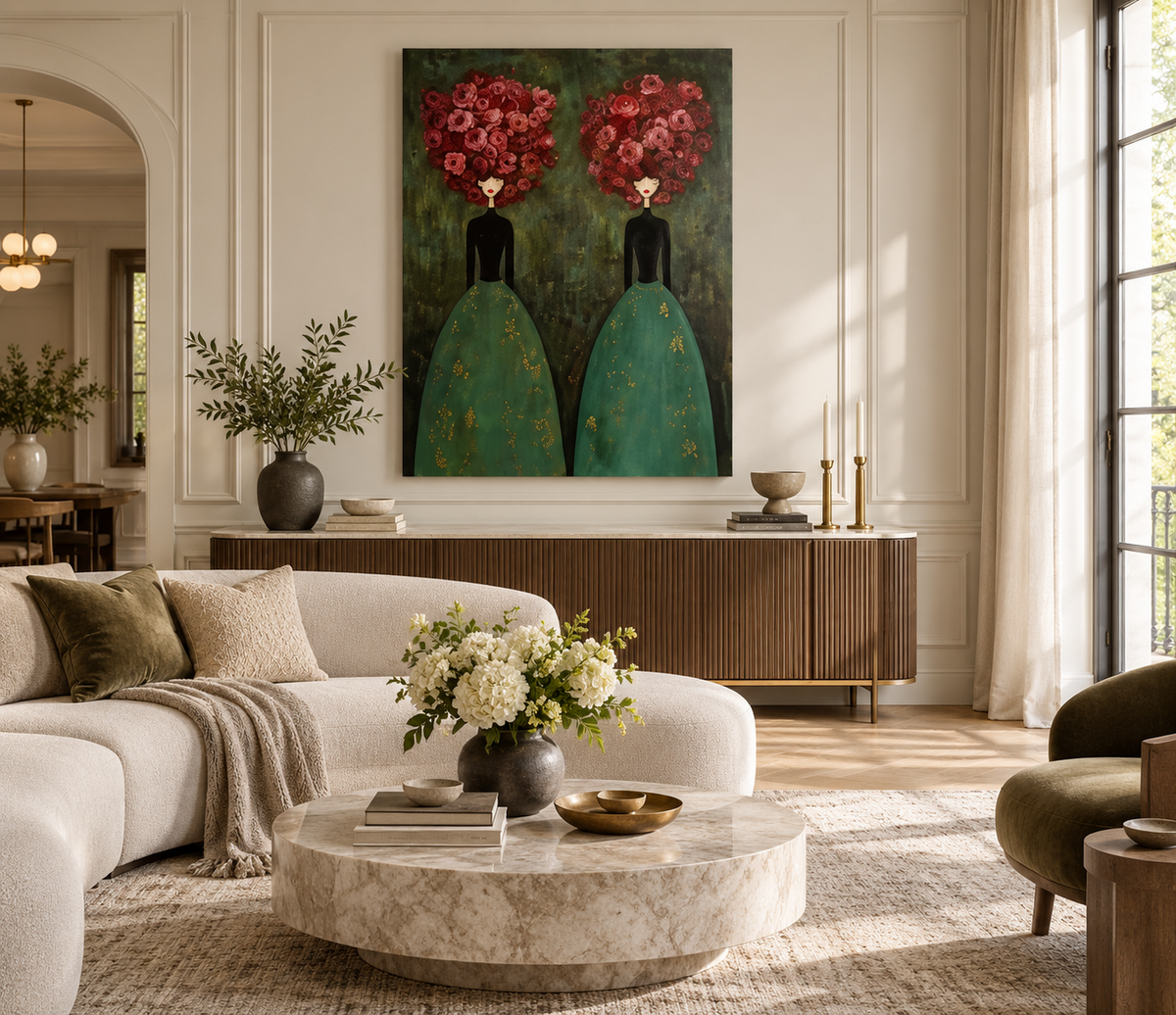 FLEURÉA emerald green floral women wall art in a contemporary living room