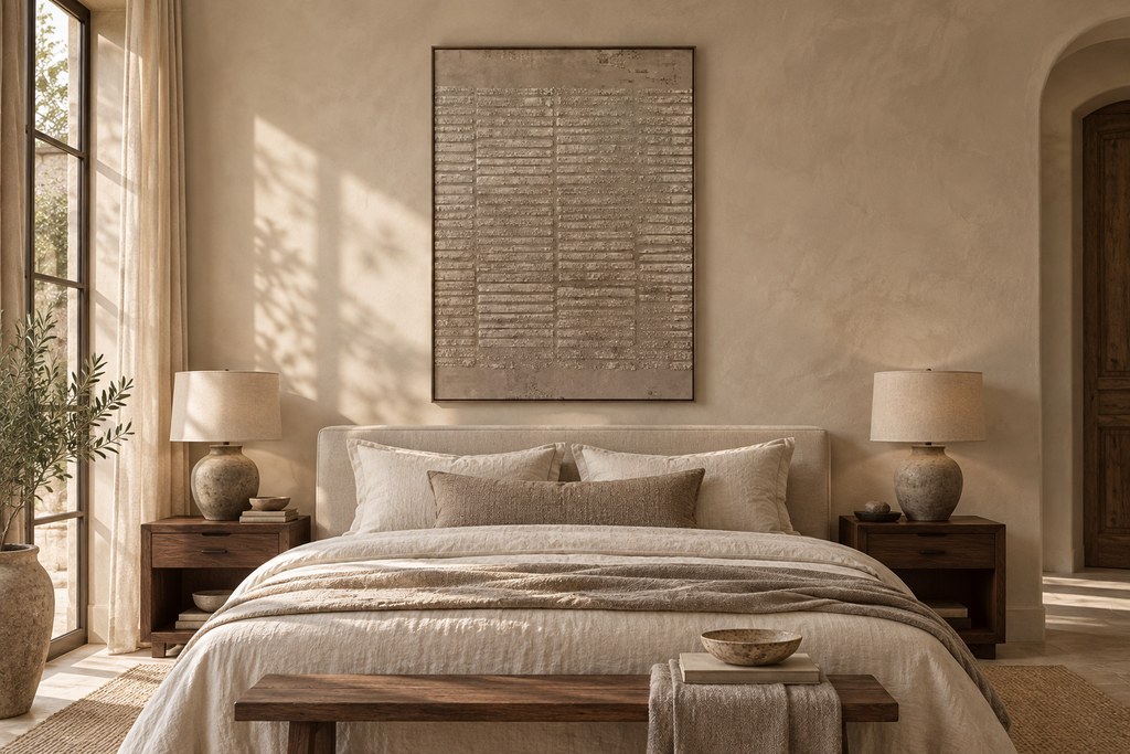 GRAIN taupe fine-line textured wall art in a bedroom