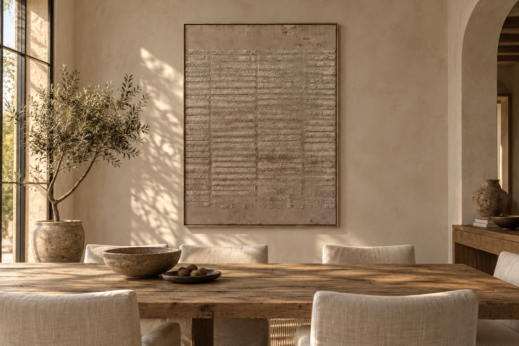 GRAIN taupe fine-line textured wall art in a dining room