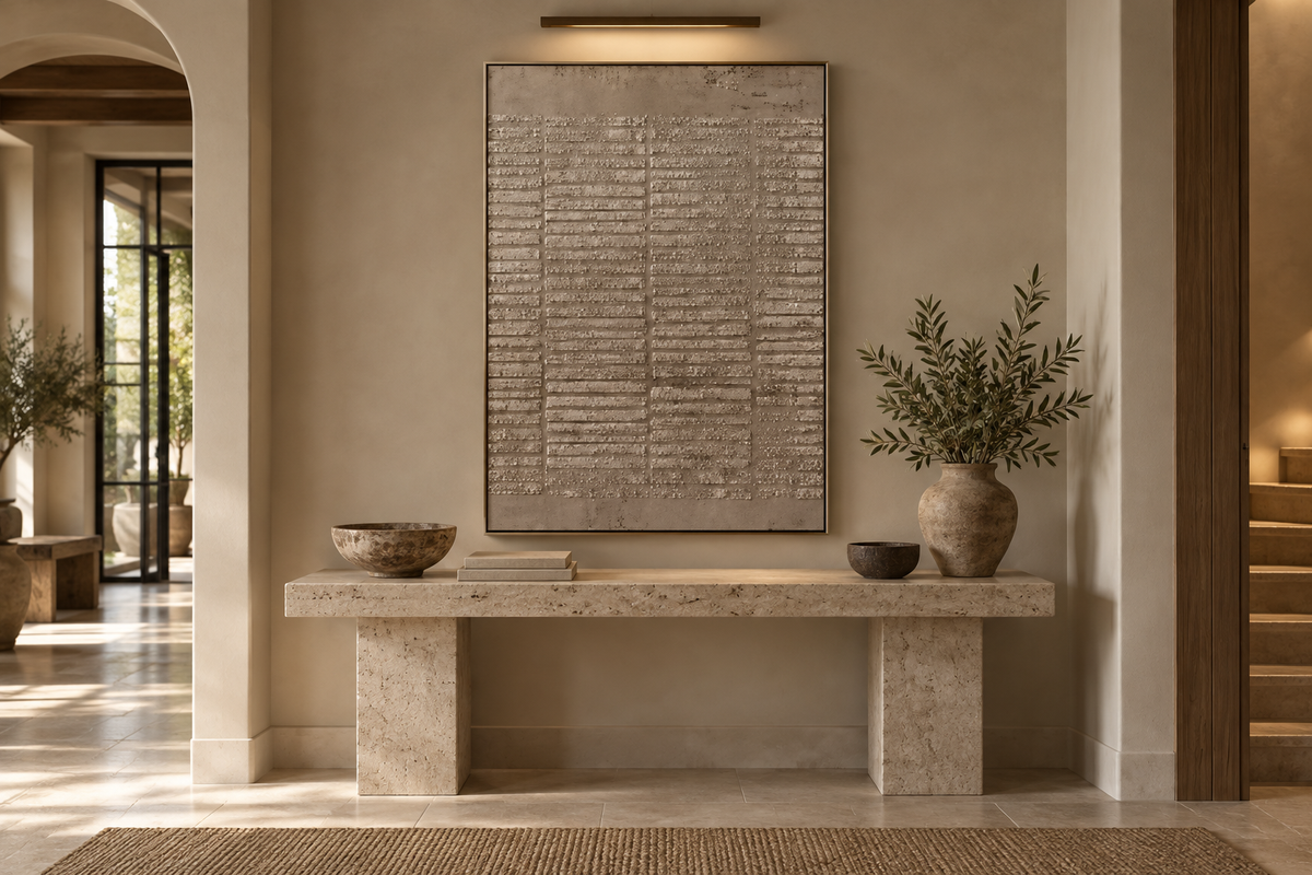 GRAIN taupe fine-line textured wall art in an entryway