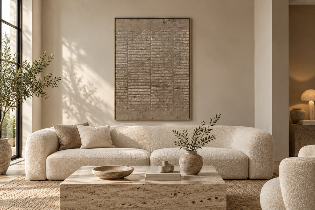 GRAIN taupe fine-line textured wall art in a living room